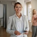 Portrait of happy real estate agent looking at the camera while her clients are standing in the background.